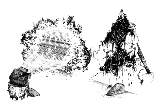 3 - Lampe, buisson, peinture sur bois -Encre sur papier - 65x50 cm - Courtesy galerie du jour - 2011
